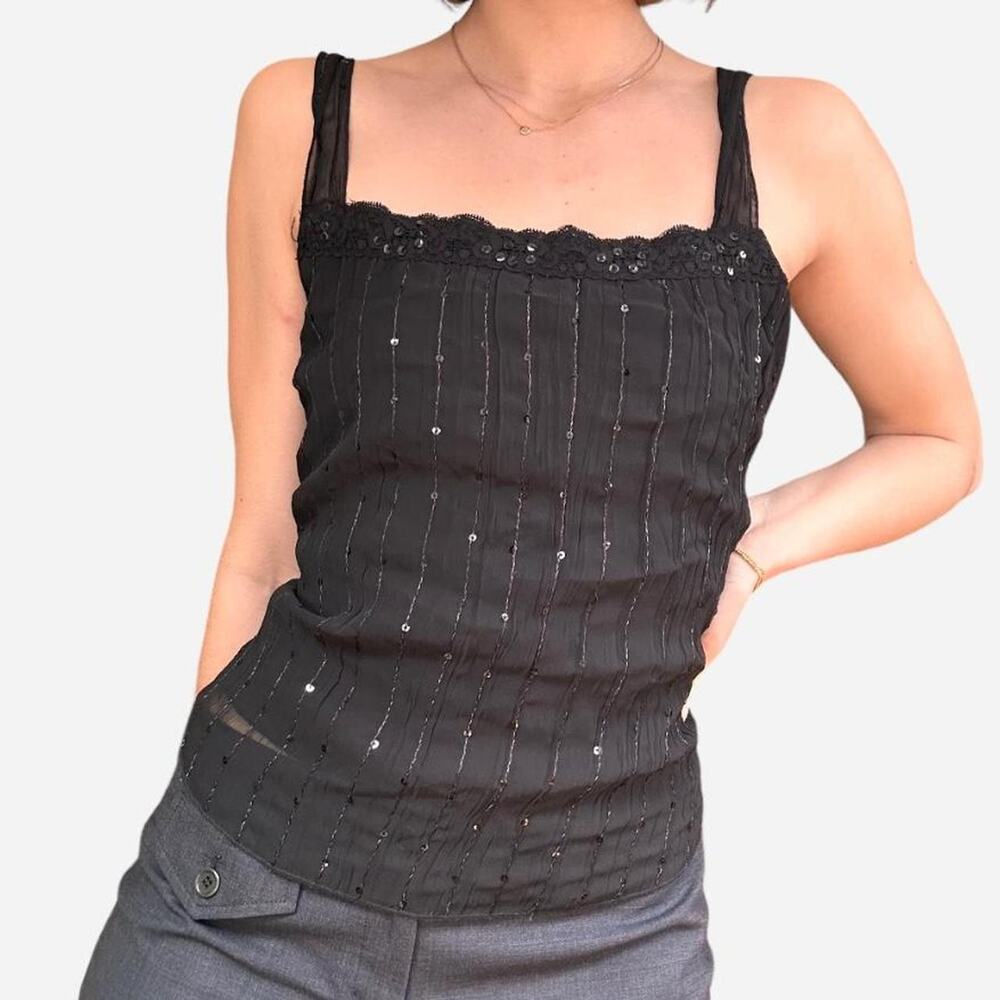 Vai Collection black square neck tank top sparkle pleated lace - fits like M